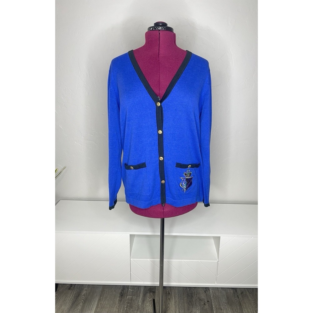 Bob Mackie Sweater Cardigan Womens‎ L Wearable Art Button Up Artsy Blue